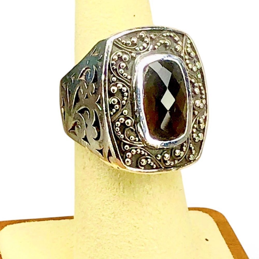 LOIS HILL Sterling Silver Smokey Topaz Granulated Caviar Cut Out Cocktail Ring